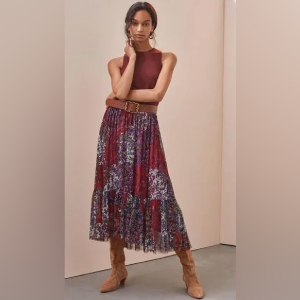 Anthropologie Flounced Tulle Midi Skirt Paisley Maroon Print, NWT S Statement
